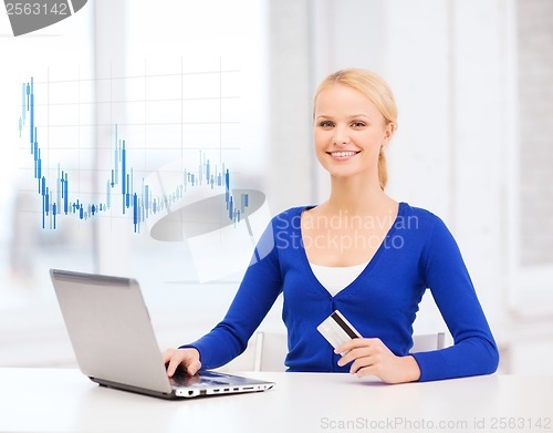 Image of smiling woman with laptop computer and credit card