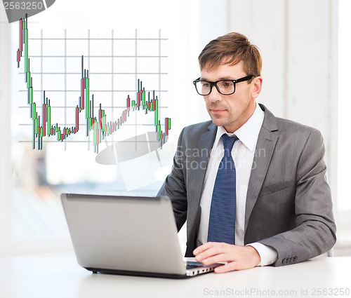 Image of businessman with laptop computer and forex chart