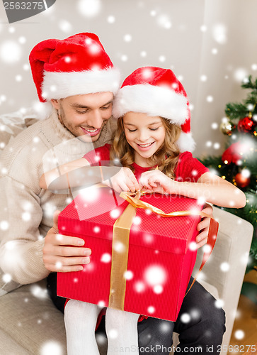 Image of smiling father and daughter opening gift box