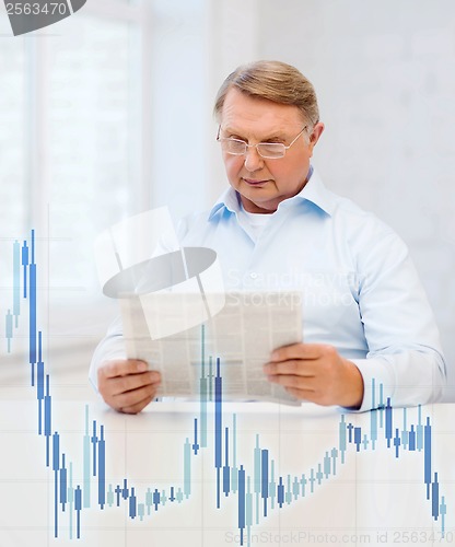 Image of old man at home with newspaper and forex chart