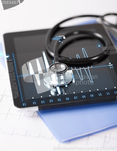 Image of tablet pc, stethoscope and electrocardiogram