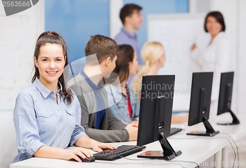 Image of students with computer monitor at school