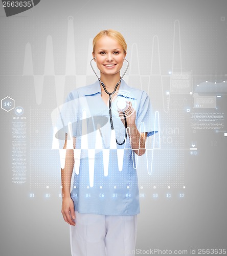 Image of smiling female doctor or nurse with stethoscope