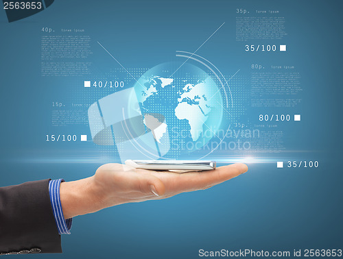 Image of man hand with smartphone and virtual sphere globe