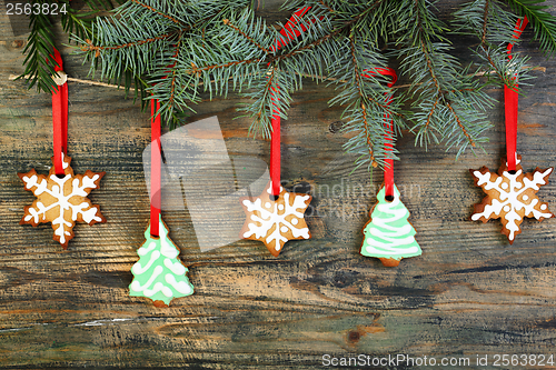 Image of Garland of Christmas cookies and spruce branches.