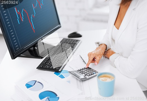 Image of woman hand with calculator, papers and monitor