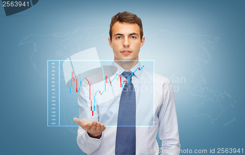 Image of man showing forex chart on the palm of his hand