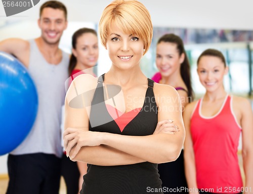 Image of group of smiling people exercising in the gym