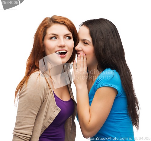 Image of two smiling girls whispering gossip