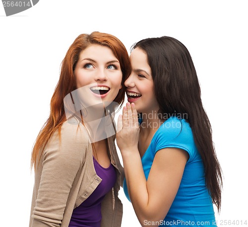 Image of two smiling girls whispering gossip