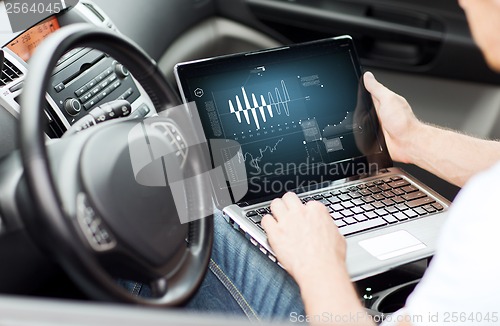 Image of man using laptop computer in car