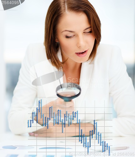 Image of businesswoman working with graphs in office