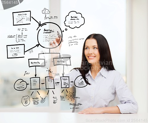 Image of smiling woman writing on virtual screen