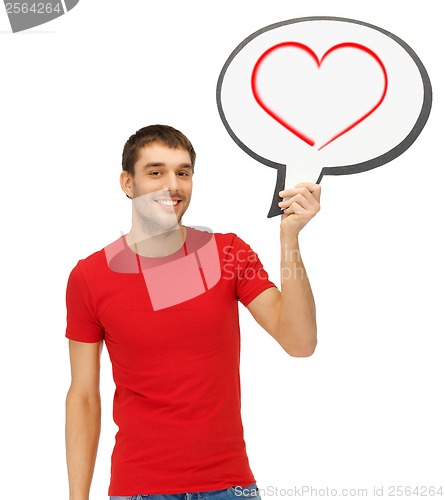 Image of smiling man with text bubble and heart in it