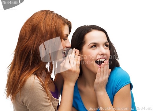 Image of two smiling girls whispering gossip