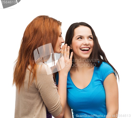 Image of two smiling girls whispering gossip