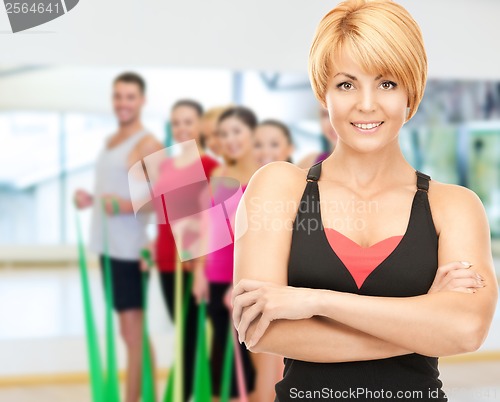 Image of group of smiling people exercising in the gym