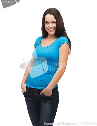 Image of smiling girl in blank blue t-shirt
