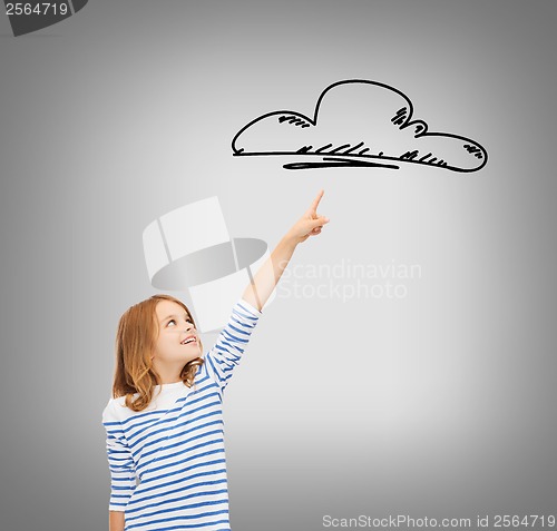 Image of smiling girl pointing at virtual screen