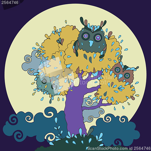 Image of Owls in tree. Funny cartoon illustration.