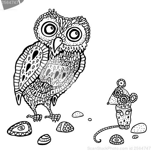 Image of Decorative Owl and  Mouse. Cartoon illustration.