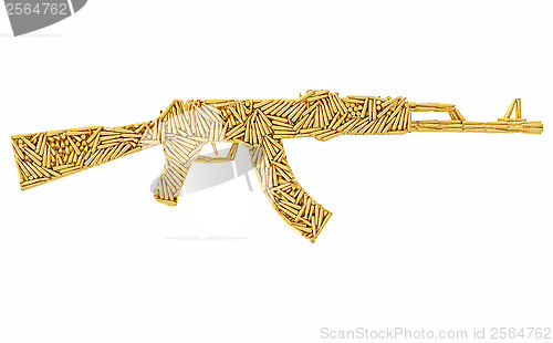 Image of Assault rifle shape composed of ammunition cartridges isolated on white