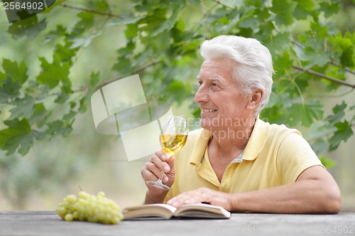 Image of Old man drinking wine and reading a book
