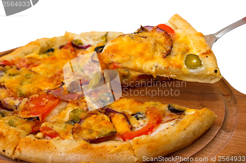 Image of wooden cheese appetizing pizza tray isolated on white background