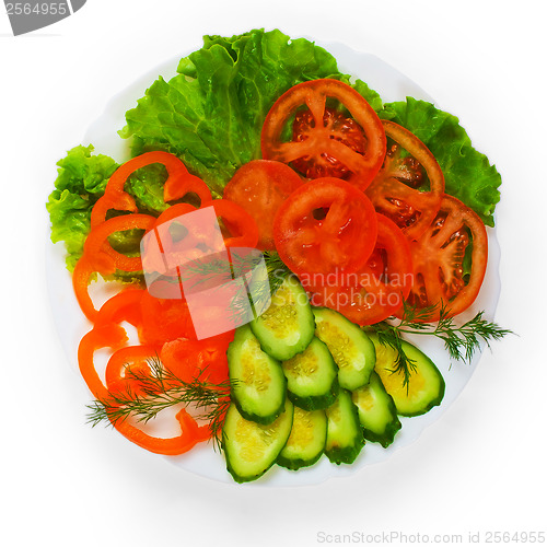 Image of tomatoes tasty cucumbers sliced salad plate isolated on white ba