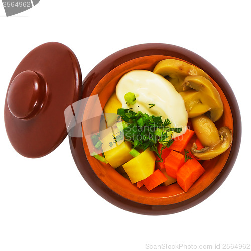 Image of food potatoes pot mushrooms carrot isolated on white ba