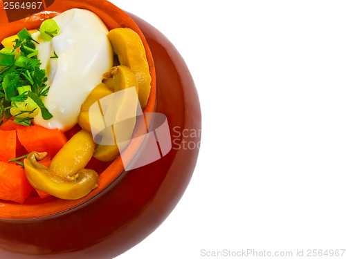 Image of stewed potatoes with meat, mushrooms and carrots onions ceramic 