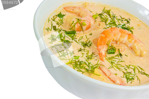 Image of shrimp food soup dill in bowl isolated on white background clipp