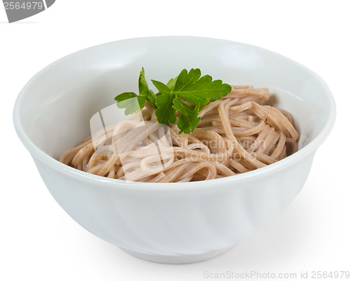 Image of tasty dark pasta in a bowl isolated on white background