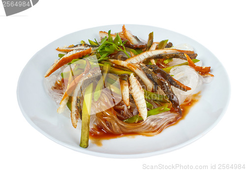 Image of rice extract fish plate long macaroni isolated on white backgrou