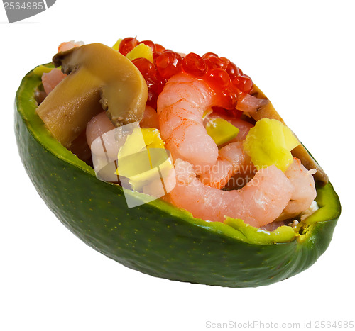 Image of mushrooms and shrimp avocado a delicacy isolated on white backgr
