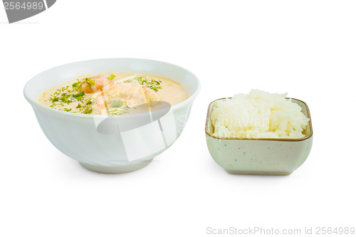 Image of soup shrimp rice plate isolated on white background