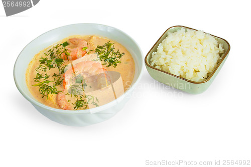 Image of tasty soup shrimp rice plate isolated on white background