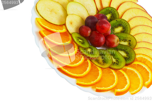 Image of plate apple kiwi grapes sliced food isolated on white background