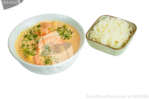 Image of tasty soup shrimp rice plate isolated on white background clippi