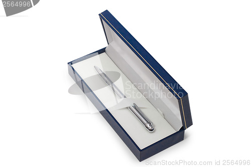 Image of silver ballpoint pen in a gift box isolated on white background