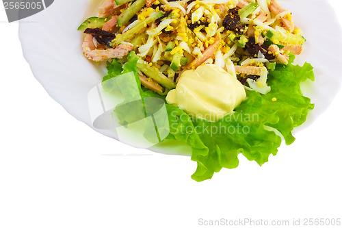 Image of salad and sausage food plate isolated white background clipping 