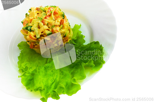 Image of lettuce cucumbers a tomatoes mayonnaise apple isolated on white