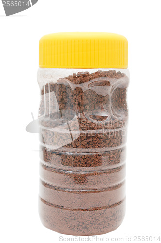 Image of granular cocoa packaging plastic yellow bank isolated on a white