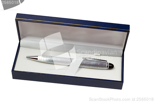 Image of pen silver ballpoint in gift box isolated on white background (c