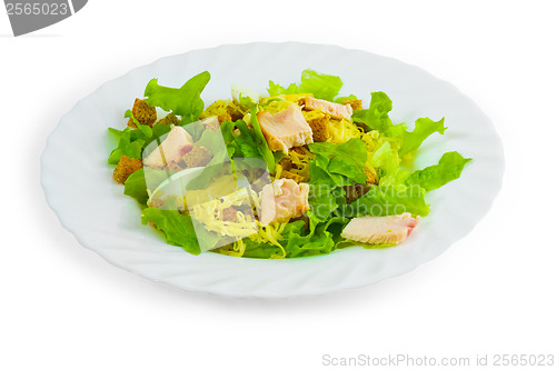 Image of cheese sausage and bread salad isolated on a white background