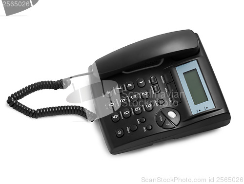 Image of black modern phone call with cord isolated on white background