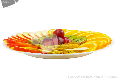 Image of plate apple kiwi grapes food sliced isolated on white background