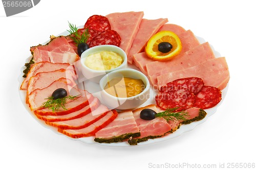 Image of food sausage sliced ham mustard isolated plate on white backgrou