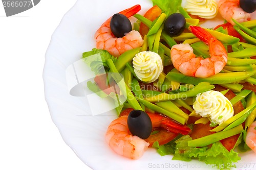 Image of Fresh shrimp with olives and cream close up on white background