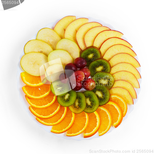 Image of plate apple food kiwi grapes sliced isolated on white background